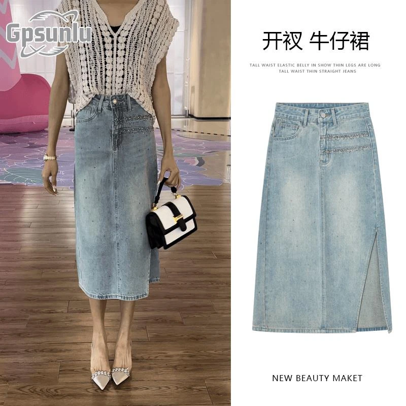 gpsunlu烫钻高腰开叉牛仔显瘦半身裙女夏季百搭时尚不规则裙小众