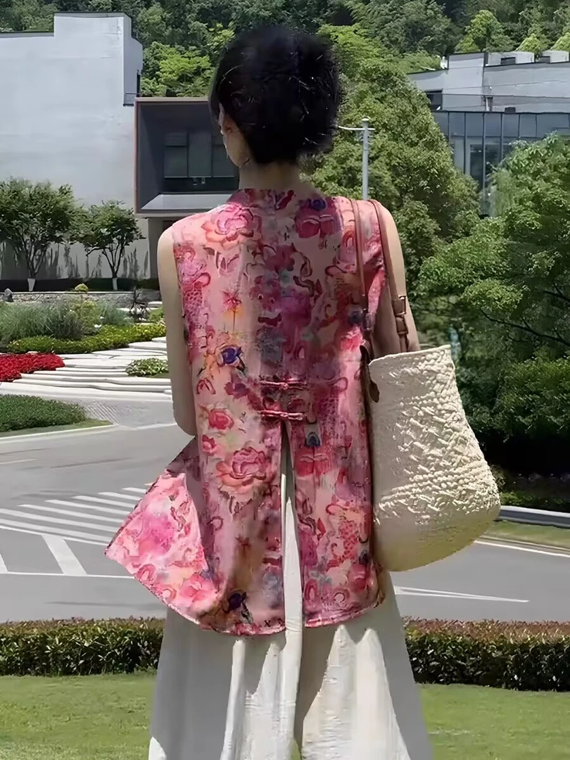 国风新中式盘扣衬衫2025夏时尚无袖立领背心马甲宽松休闲显瘦套装