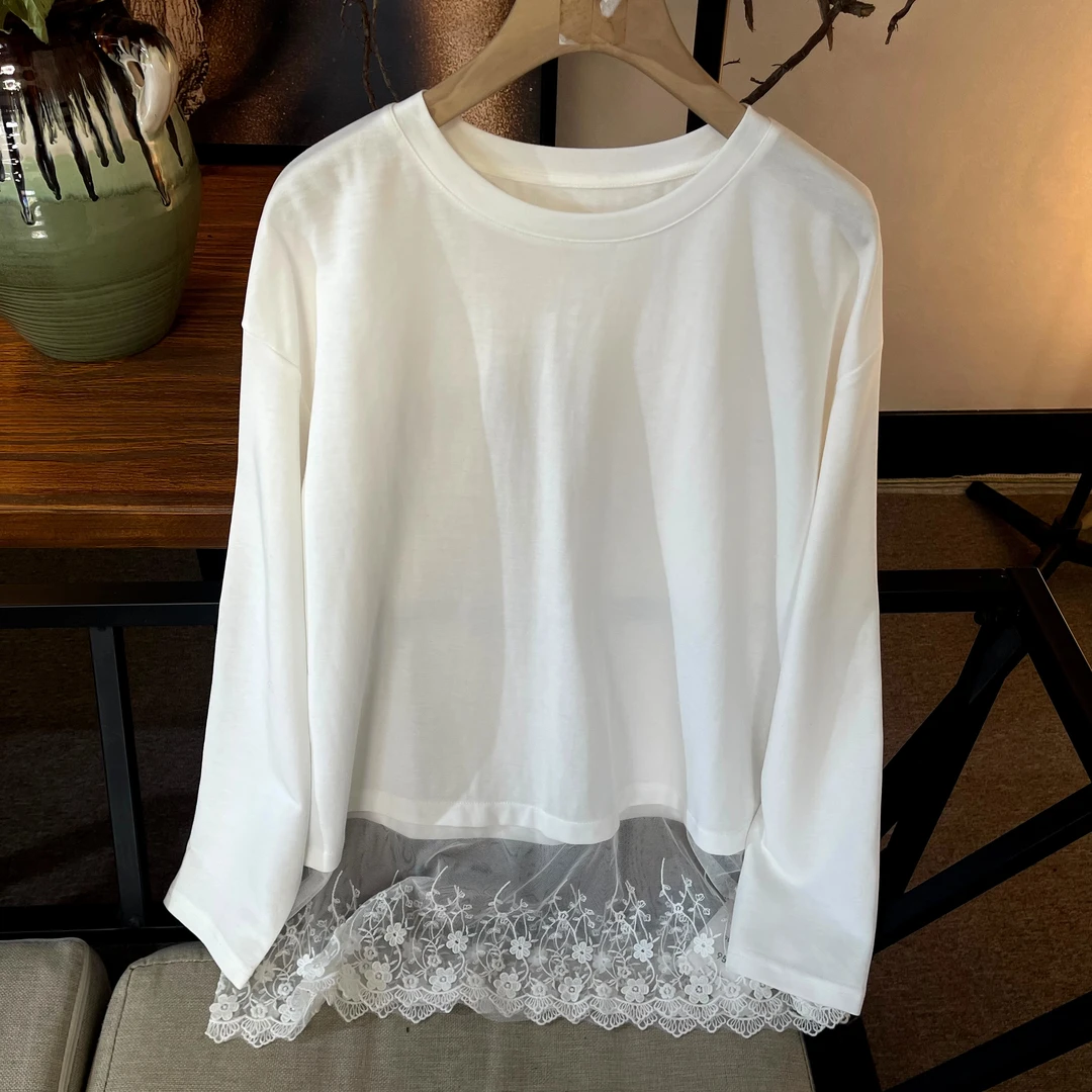2025春季新款时尚休闲气质性感款下摆百搭蕾丝边拼接长袖T恤