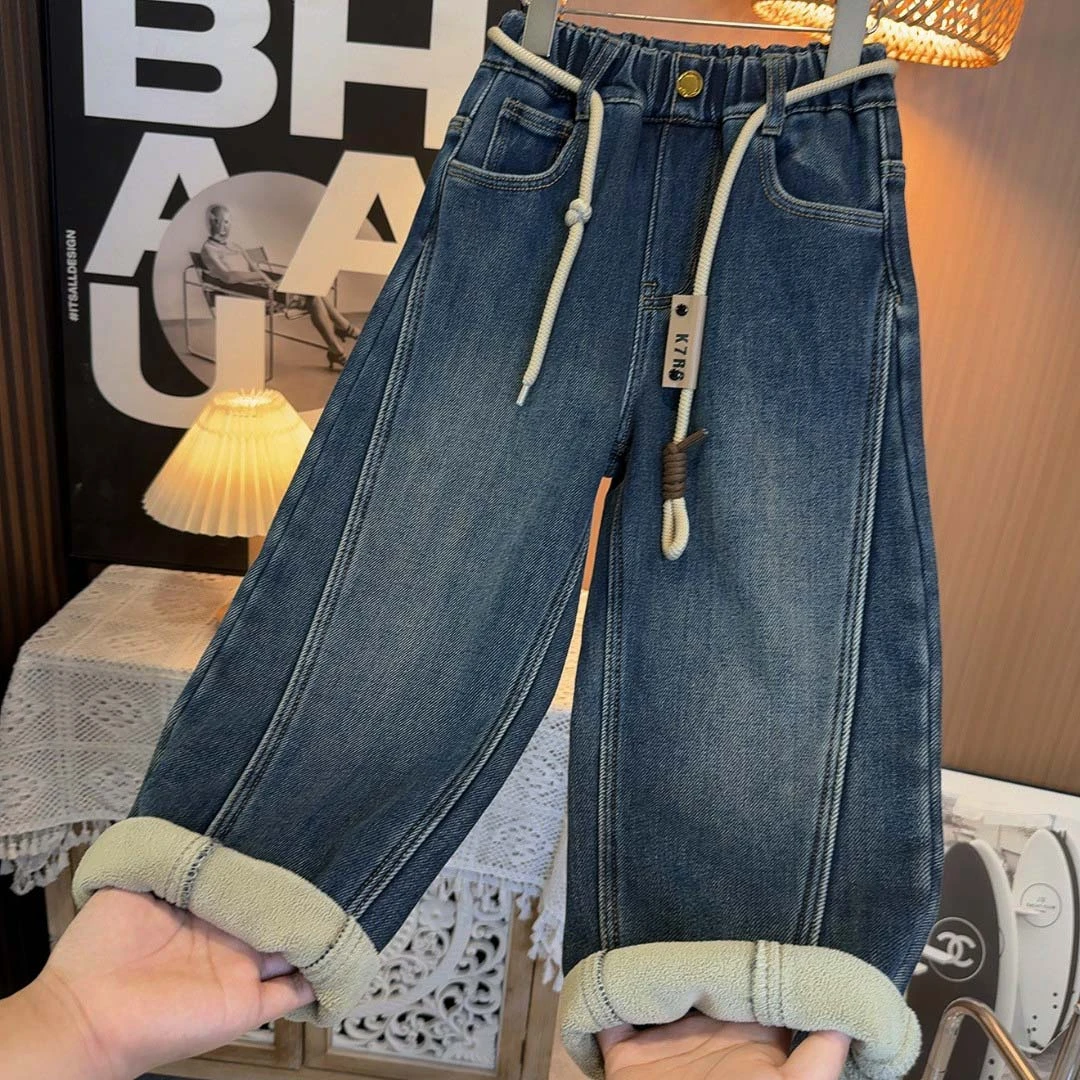 儿童加绒牛仔裤中大童冬季2025新款男女童洋气休闲裤子韩版冬装