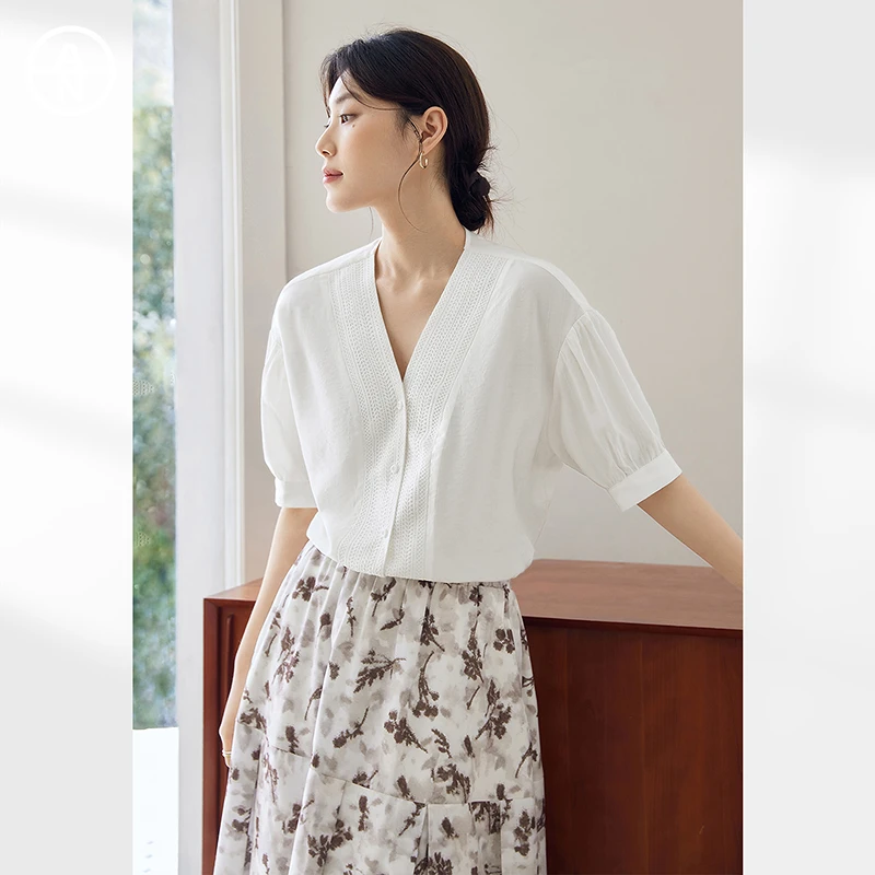 AN大码女装法式优雅白衬衫夏季新款胖mm设计感泡泡袖别致上衣小衫