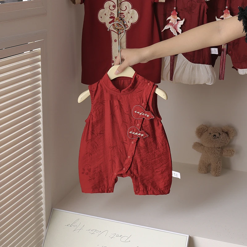 夏季新款婴儿生日无袖爬服儿童国风哈衣幼儿夏天外出服薄款男女宝