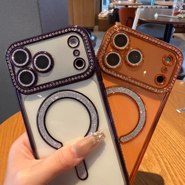 轻奢闪钻磁吸适用苹果17promax手机壳iPhone16全包15小众14硅胶13
