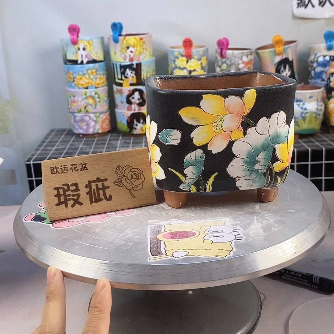 紫砂花盆红陶手绘花盆