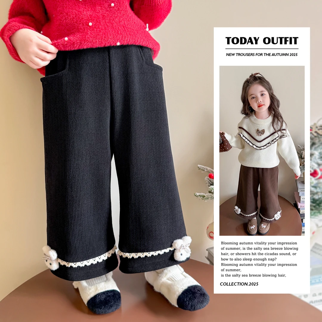女童加绒裤子洋气加厚一体绒儿童直筒裤子小女孩冬季保暖阔腿裤潮
