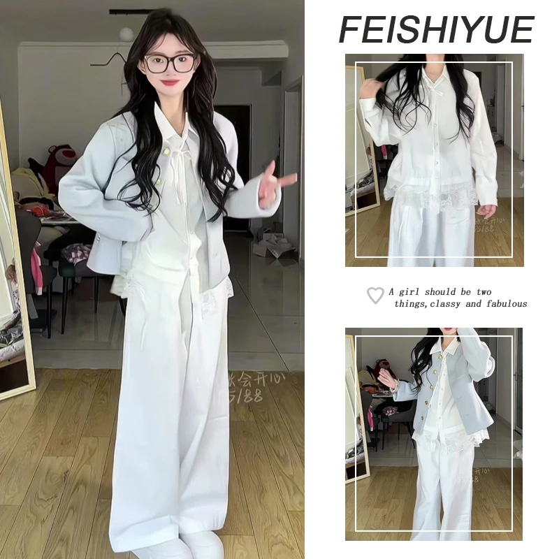 早秋时尚穿搭2025新款韩系穿搭小香风外套百搭长袖衬衫长裤三件套