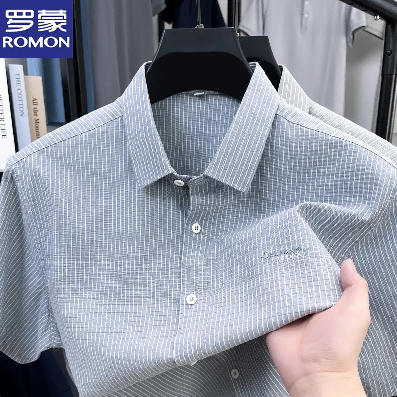 罗蒙夏季薄款条纹短袖衬衫休闲百搭翻领衬衣中年纯棉亲肤时尚上衣