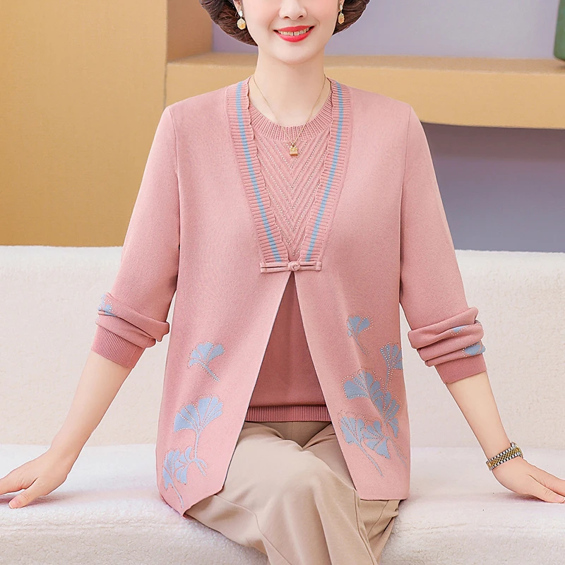 洋气减龄宽松大码气质薄款针织套装夏中老年两件套上衣