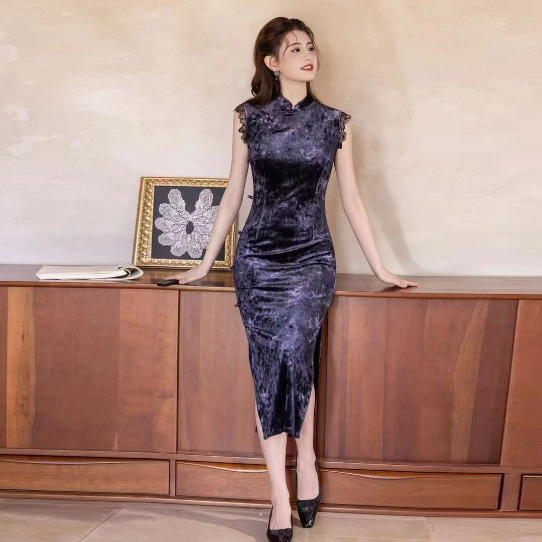 【梦楠】春秋年轻中国风新款蕾丝边黑色丝绒新中式旗袍气质显瘦日常