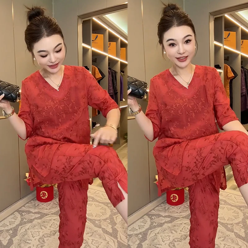 2025夏季新款时尚显瘦气质网红高档洋气女高级宽松大码短袖两件套