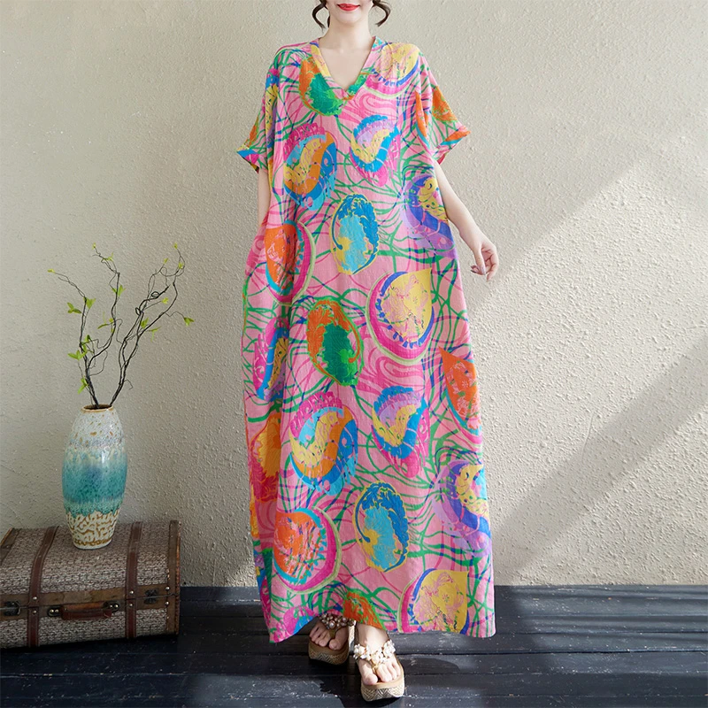 2025夏季新款宽松大码棉麻印花圆领短袖过膝长裙胖MM显廋连衣裙女