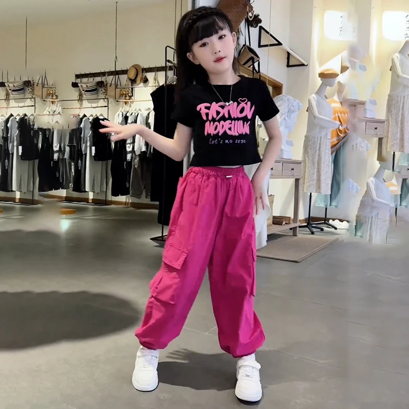 女童夏季薄款工装裤2025新款洋气时髦中大童短袖长裤子儿童套装潮