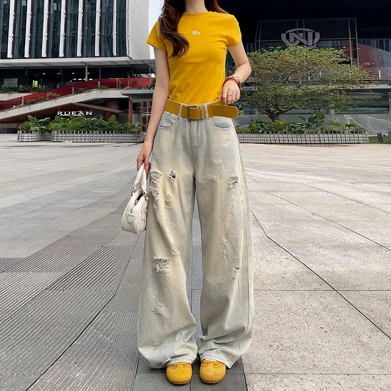 51899超薄牛仔裤女2025夏季新款垂感破洞冰爽烟花烫钻直筒裤女