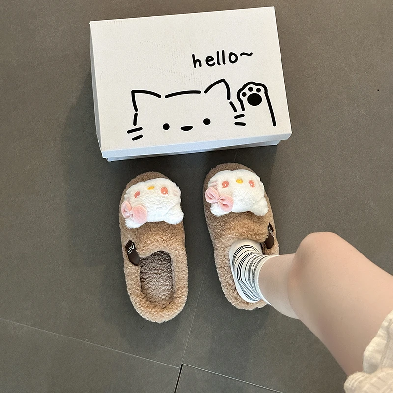 时尚可爱卡通大头小猫毛毛拖鞋女外穿2025秋冬新款毛绒包头棉拖鞋