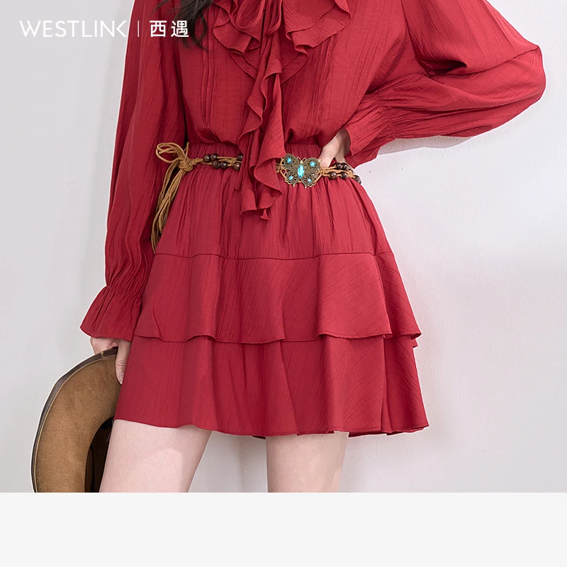 0212复古拼接荷叶边半身裙女2025春季短裙蛋糕裙