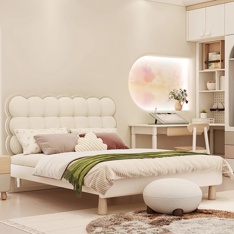 奶油风实木儿童床公主软包床泡芙床泡芙硅胶皮软包1.5米床