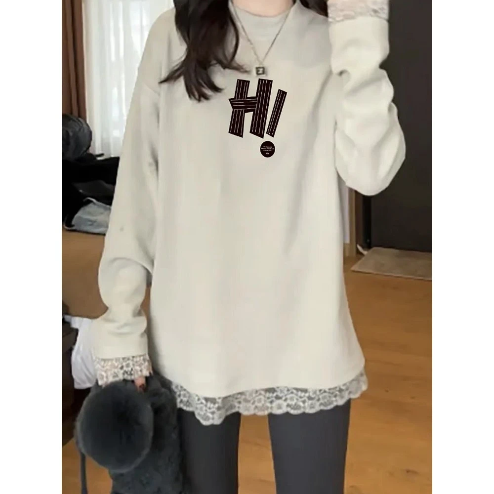 蕾丝拼接长袖恤女秋冬宽松中长款内搭德绒打底衫配鲨鱼裤的上衣