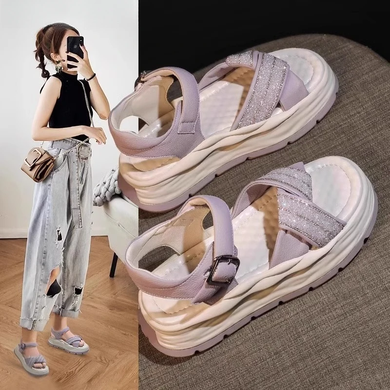 梦孜百丽厚底增高凉鞋女款2025夏季新款防滑休闲运动罗马沙滩鞋子