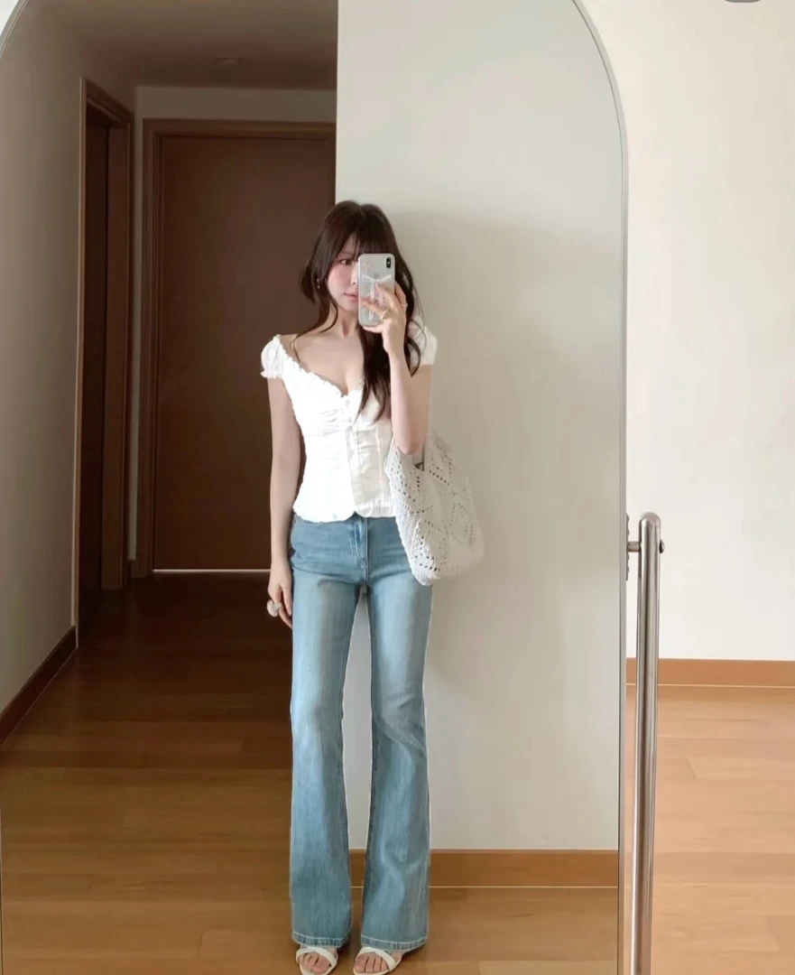 牛仔裤显瘦高腰喇叭裤长裤裤子直筒8382