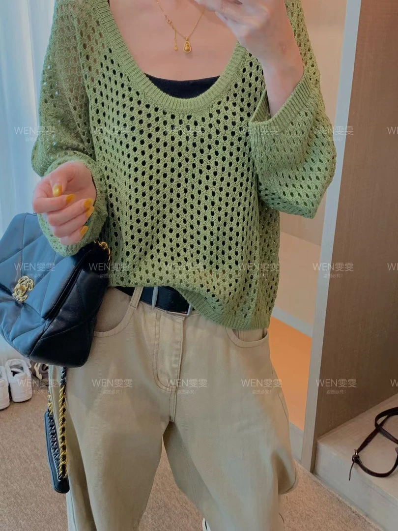 WEN 25新款薄款宽松百搭镂空圆领长袖针织衫WWM0263