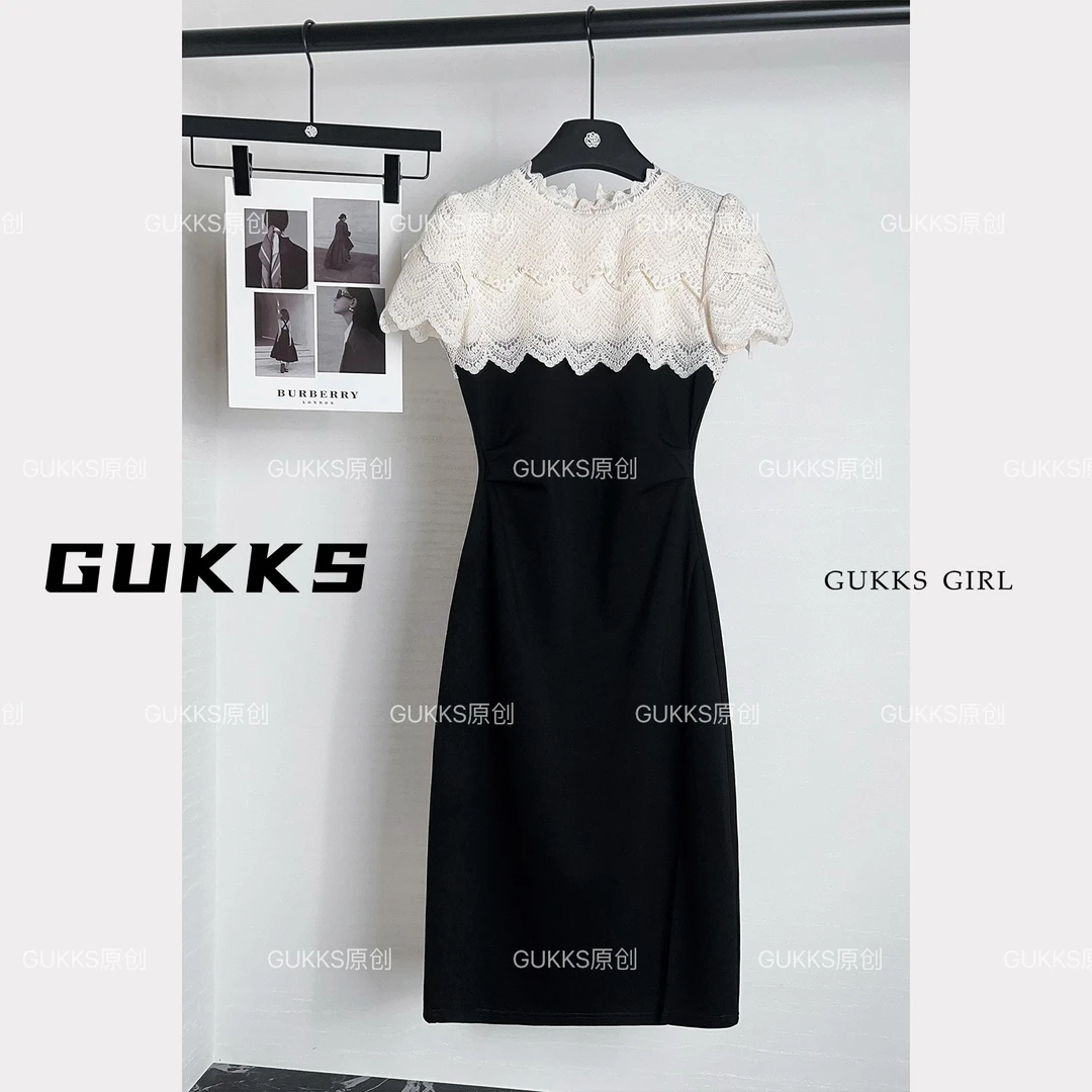 GUKKS/拼接夏季圆领高腰A字连衣裙百搭假两件新中式GK550