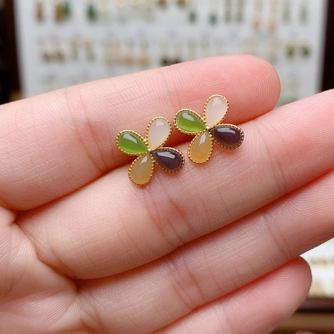 和田玉银S925镶嵌耳饰