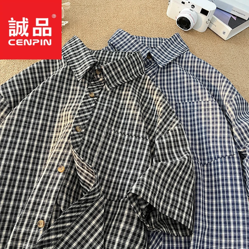 新款夏季青少年宽松格子衬衣女短袖休闲聚酯纤维吸汗速干