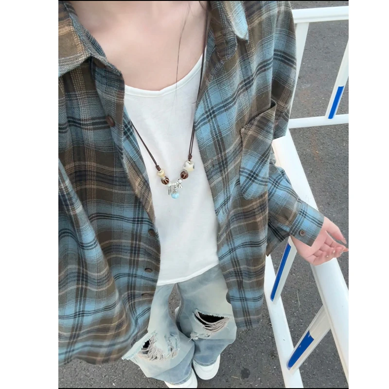 美式休闲蓝棕色格子长袖衬衫男女款初秋穿搭高级感慵懒风衬衣外套