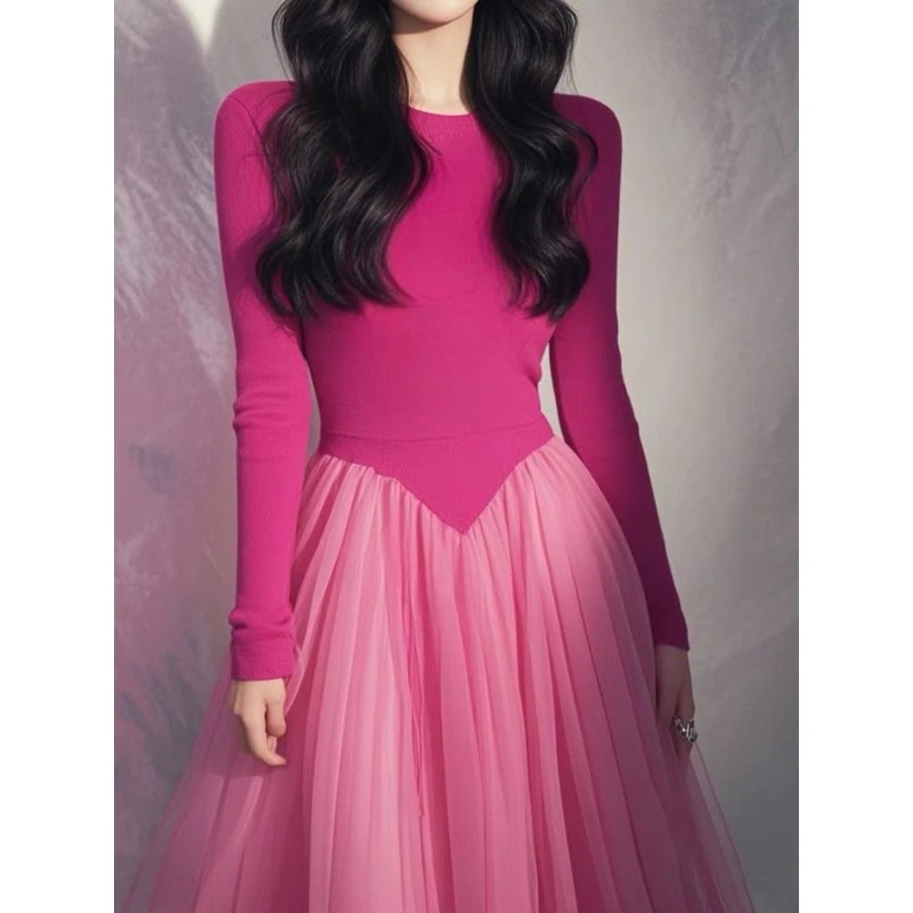 今年流行爆款裙子2025春季新款减龄玫粉色网纱拼接修身气质连衣裙