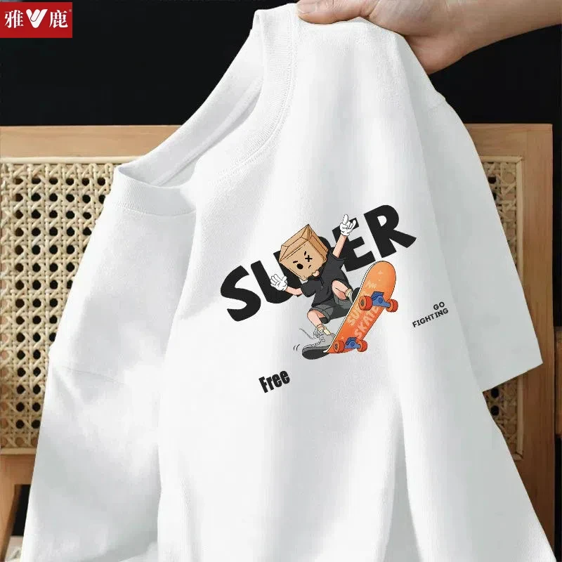 雅鹿男装夏季高品质纯棉短袖t恤男装时尚印花男女宽松圆领上衣
