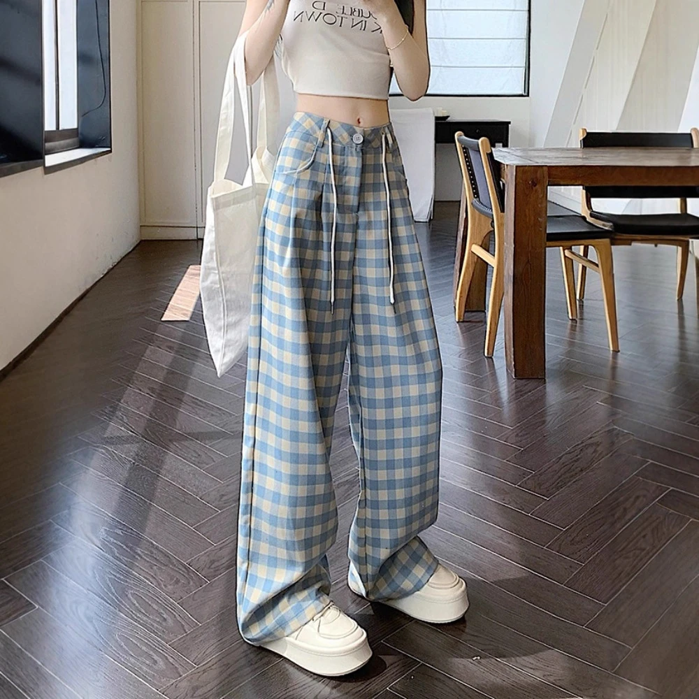 蓝色抽绳休闲格子裤女2025夏季新款高腰宽松显瘦百搭垂感直筒长裤