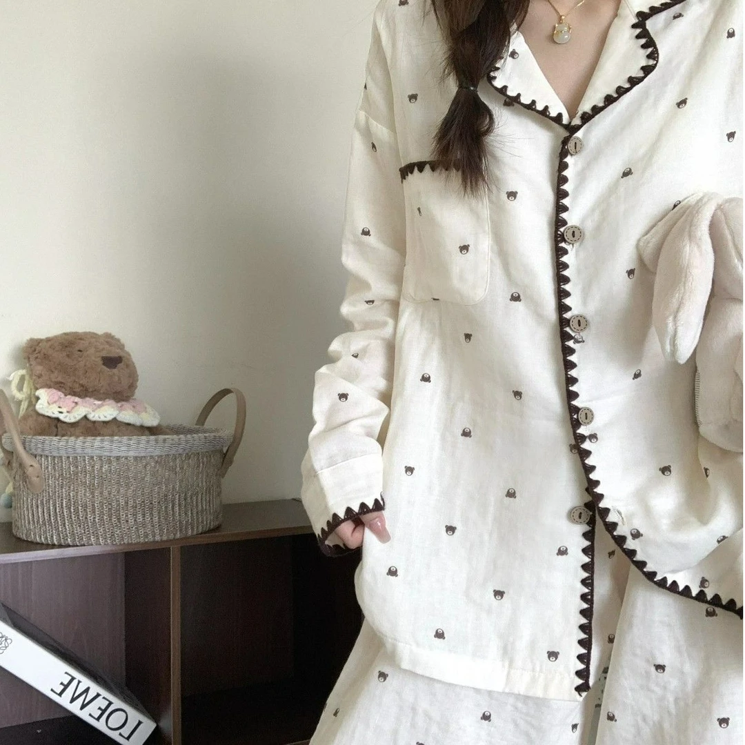 简约休闲慵懒风小熊印花长袖长裤睡衣女春秋季少女感可外穿家居服