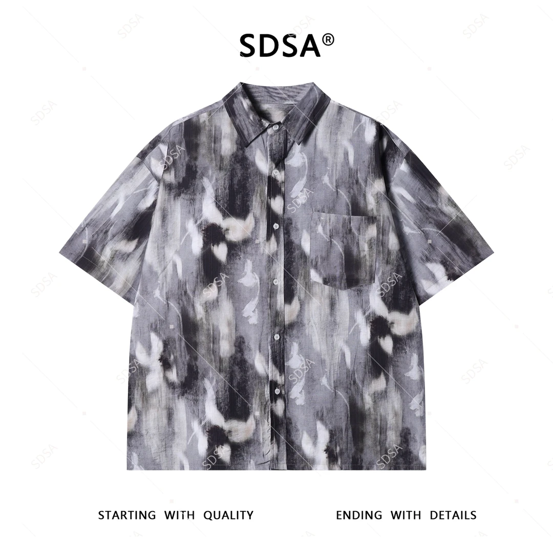SDSA夏季新款男士痞帅国潮扎染水墨纽扣翻领衬衫百搭时尚上衣宽松