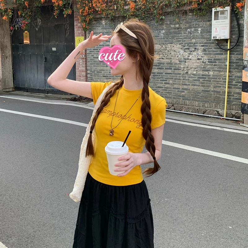 新款夏季螺纹210克辣妹修身黄色烫钻圆领v领一字领上衣短袖t恤