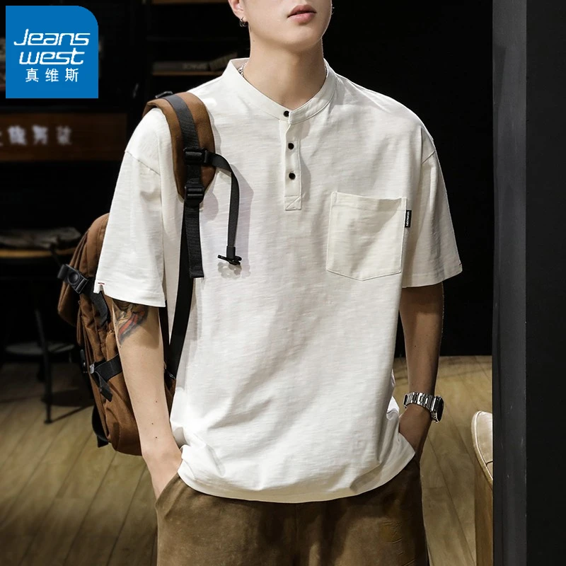 真维斯美式经典复古短袖POLO衫男夏季宽松亨利领阿美咔叽工装T恤