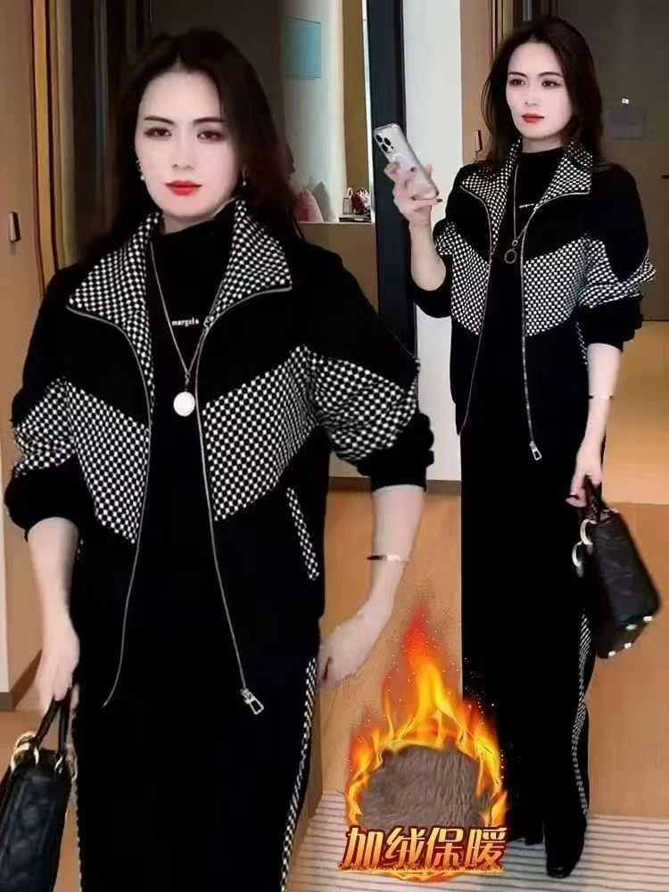 现货（3-5运补）高级感格纹两件套女2025新款百搭显瘦加绒套装女