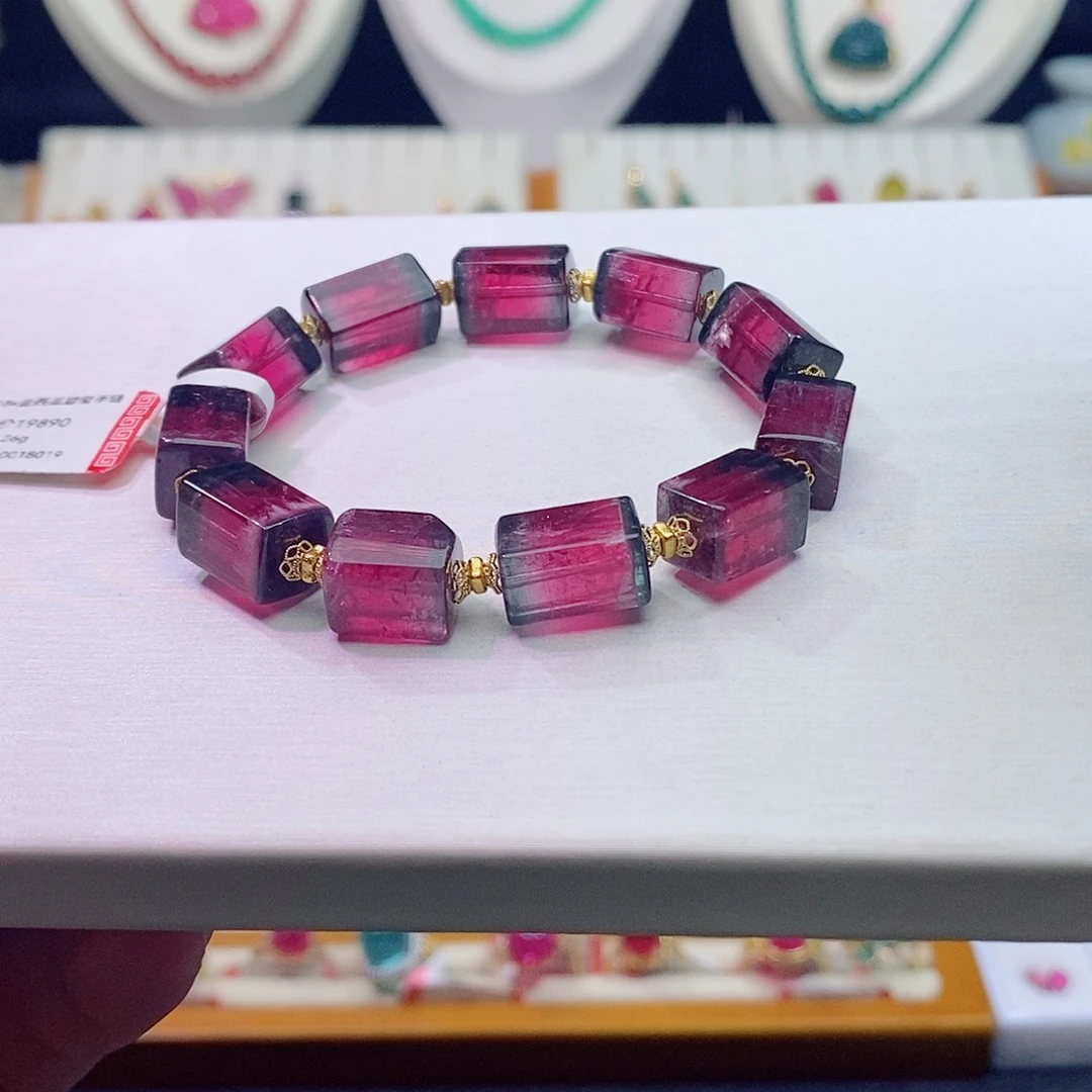 碧玺碧玺m18K金镶嵌西瓜方糖手链