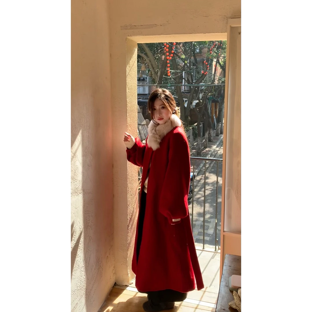 【陈姑娘】毛领灯笼袖双面呢长款外套