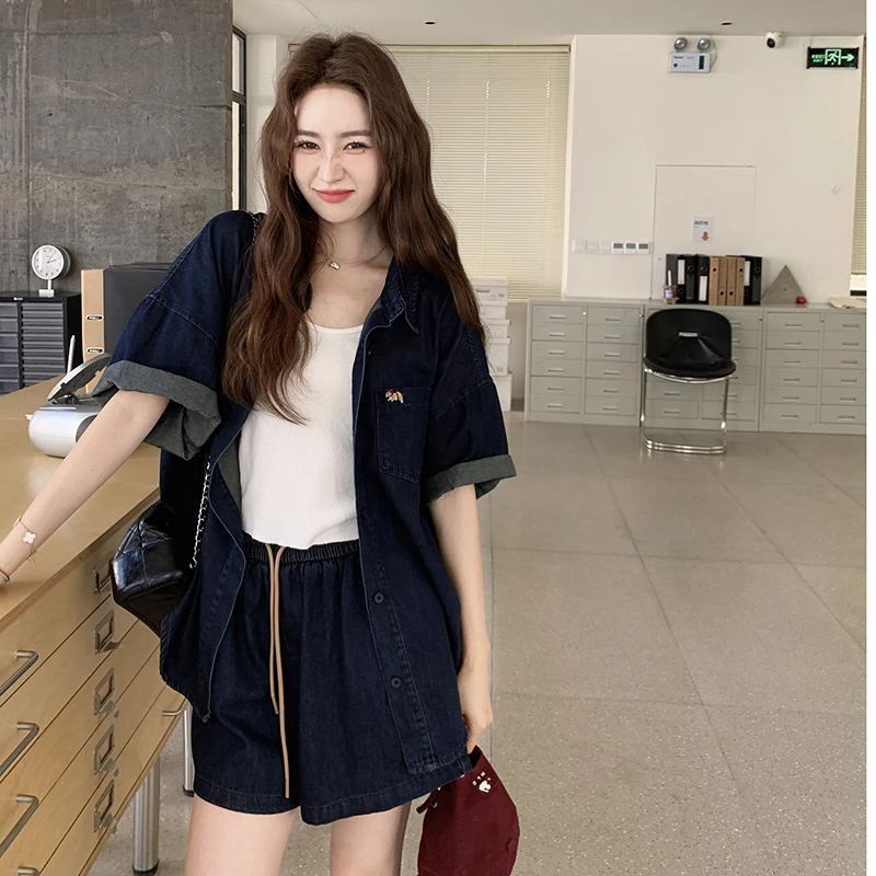 小个子穿搭宽松牛仔衬衫套装女夏新款轻薄洋气显瘦休闲短裤两件套