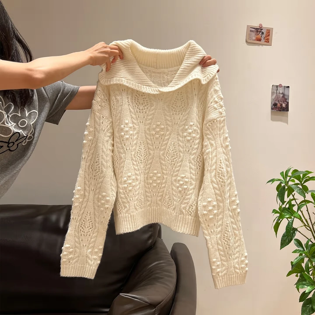 小婉薇米白娃娃领麻花镂空菱格长袖毛衣打底衫内搭秋冬穿搭上衣女