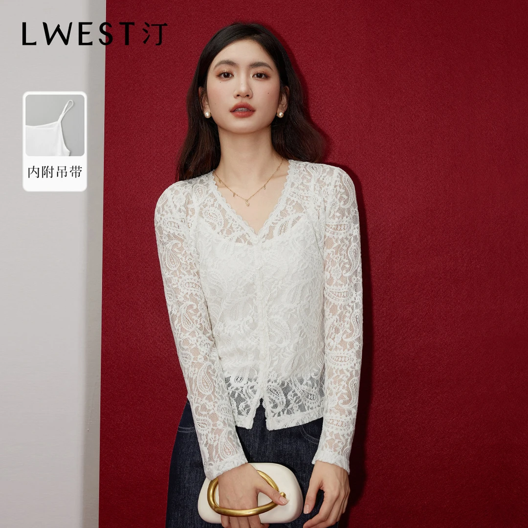 H朗文斯汀重工刺绣蕾丝衫2026春季新款法式V领别致上衣打底衫