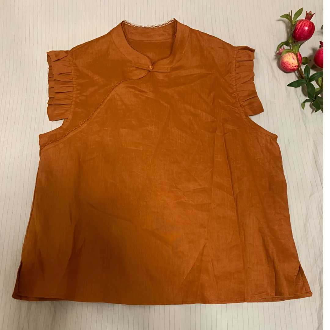 【春花】无袖纯亚麻上衣夏季小衫国风新中式复古斜襟女士女装