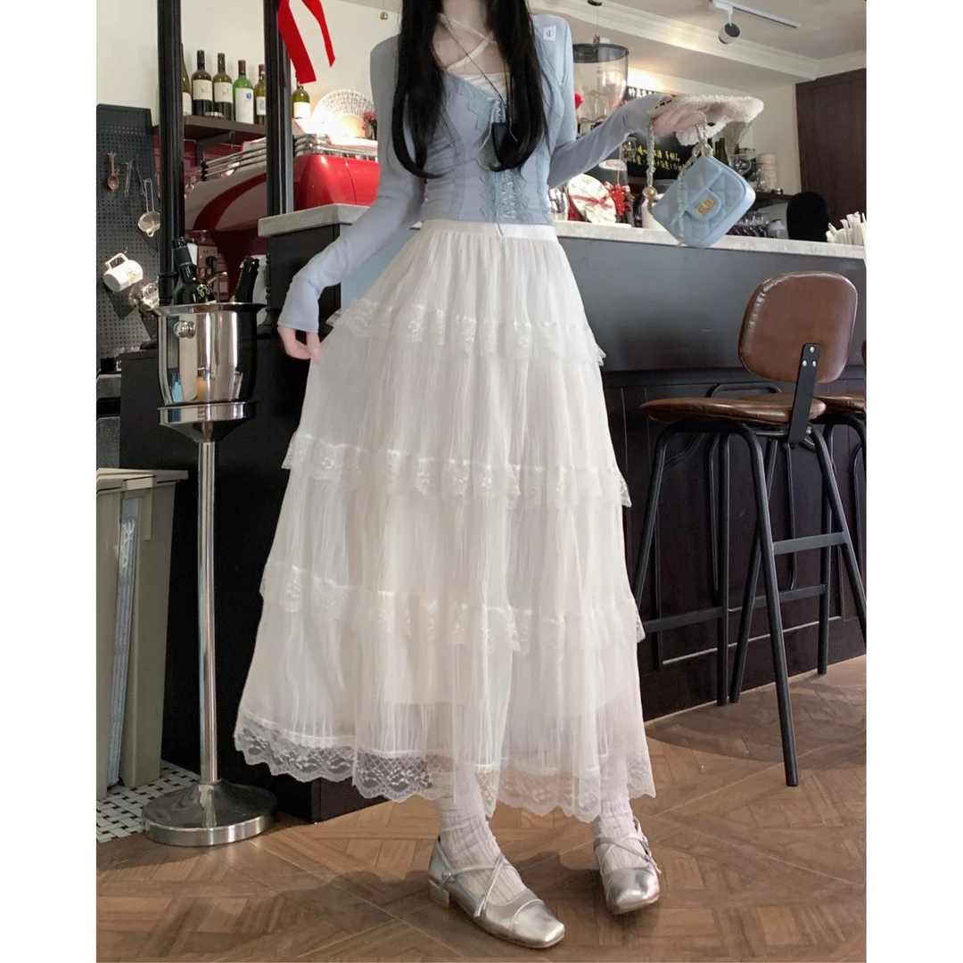 甜美风蕾丝拼接蛋糕长裙女春季2025新款少女感高腰显瘦A字半身裙