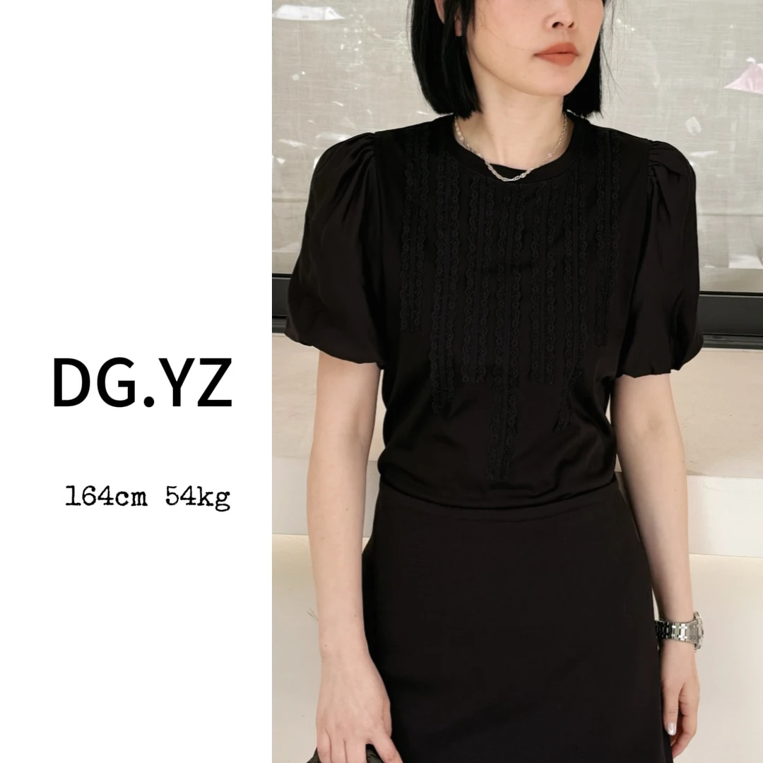 【樱子家】2674G拼接蕾丝花边泡泡袖圆领上衣