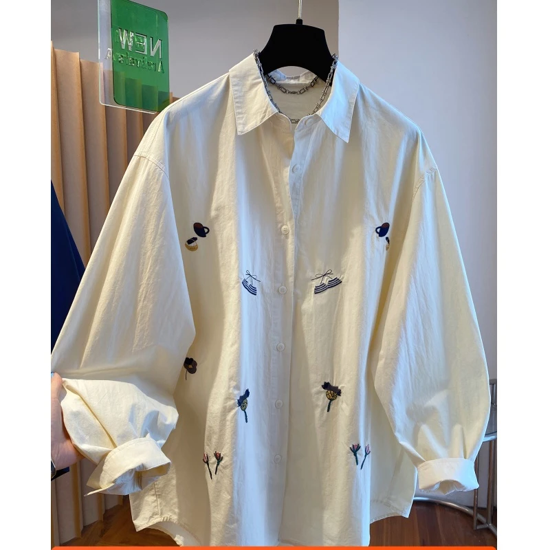 特大码300斤重工刺绣宽松长袖衬衫2025初秋男女复古潮酷翻领上衣
