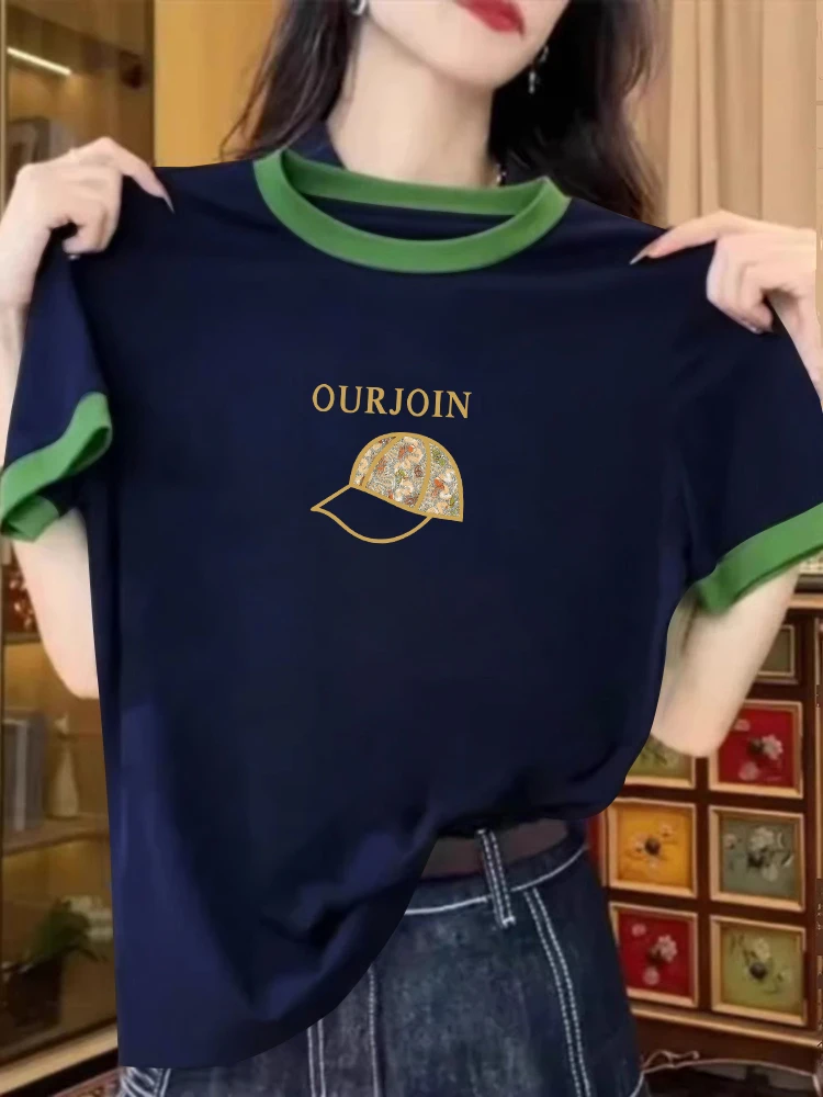 t恤女装百搭蓝色夏季2025短袖宽松时尚休闲韩系圆领洋气打底上衣