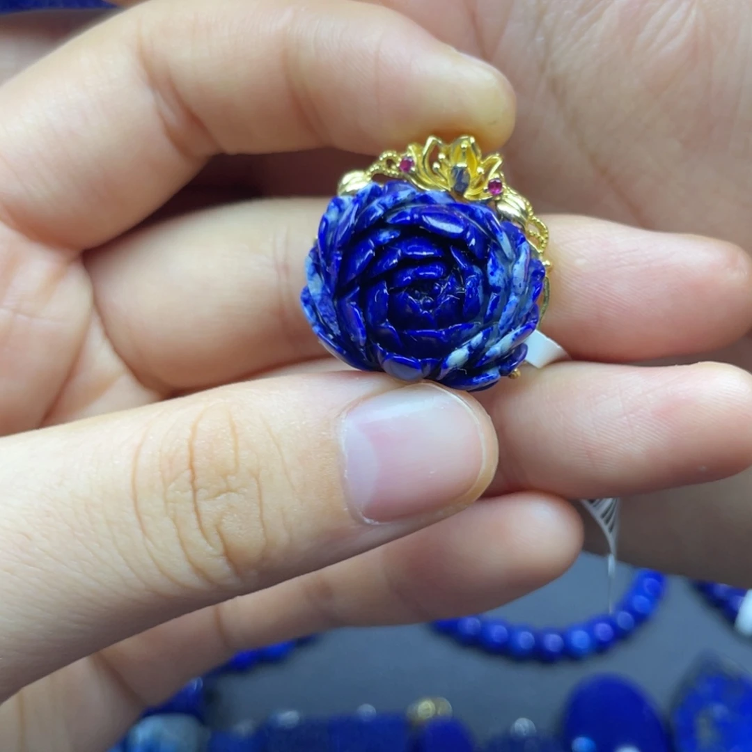 青金石银S925镶嵌花花吊坠