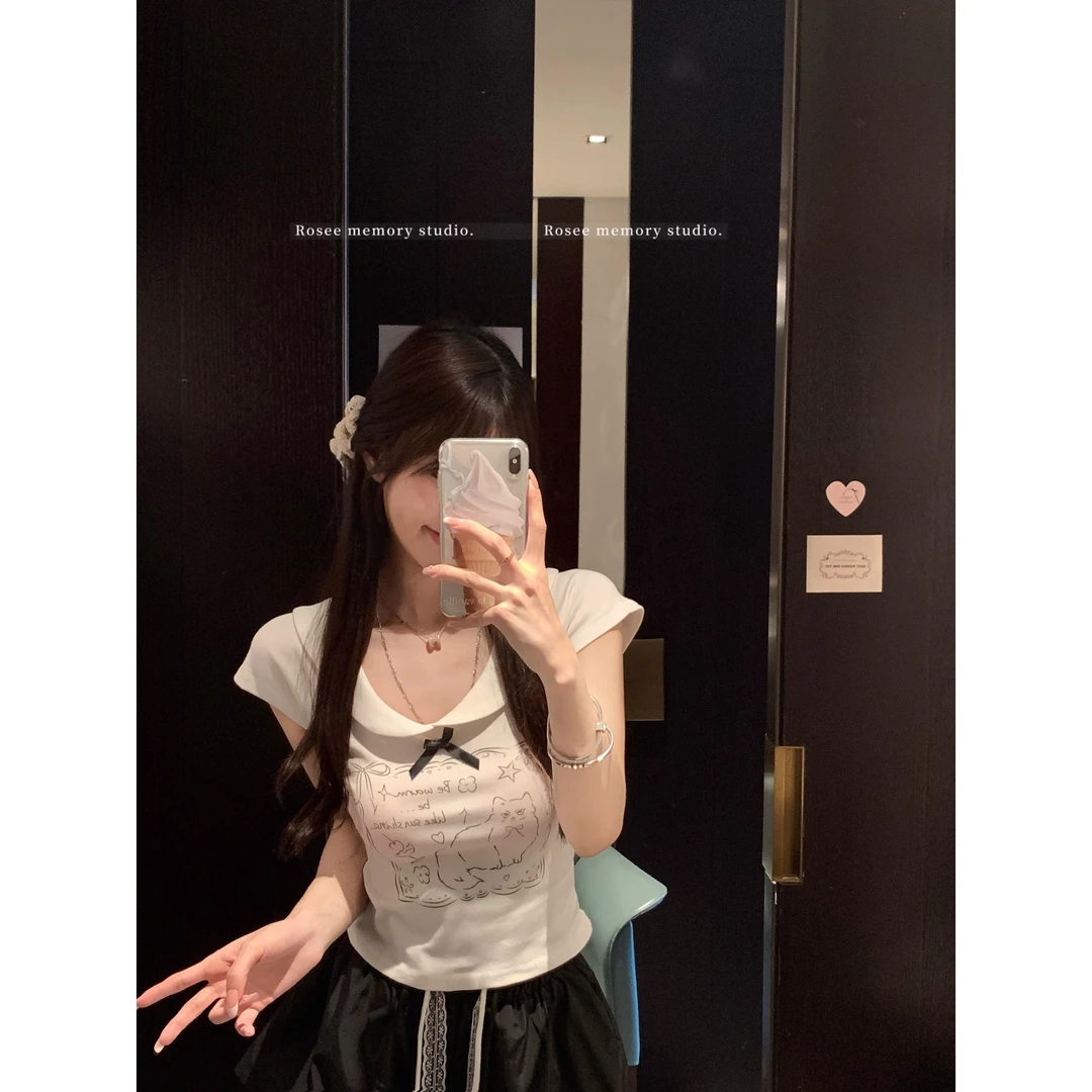 趣味卡通印花娃娃领短袖T恤女夏季新款减龄修身显瘦正肩短款上衣