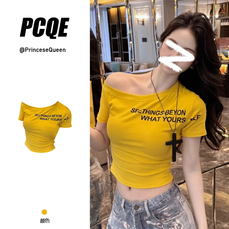 辣妹斜肩短袖T恤女显瘦2025夏季新款爆款韩版时尚设计感修身上衣