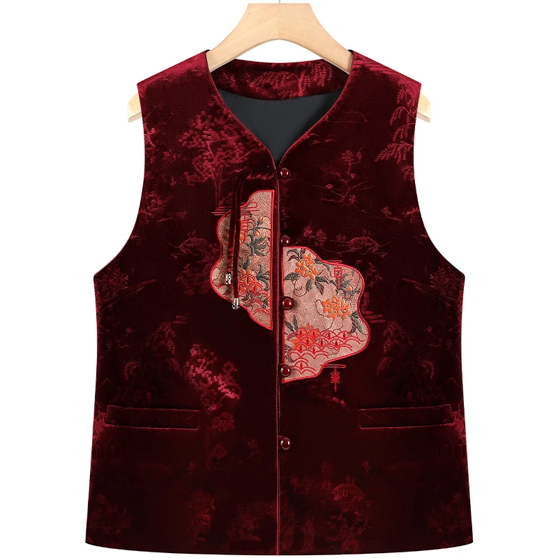 中老年女装春秋新款金丝绒马夹复古妈妈装绣花背心坎肩奶奶装马甲